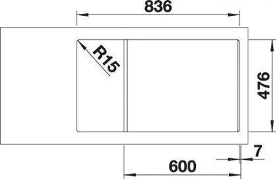 Schemat zlewozmywaka kuchennego z wymiarami: 836x476 mm, głębokość 600 mm, zaokrąglenie R15