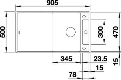 Schemat wymiarowy zlewozmywaka kuchennego z dwoma zlewami i otworami na baterię